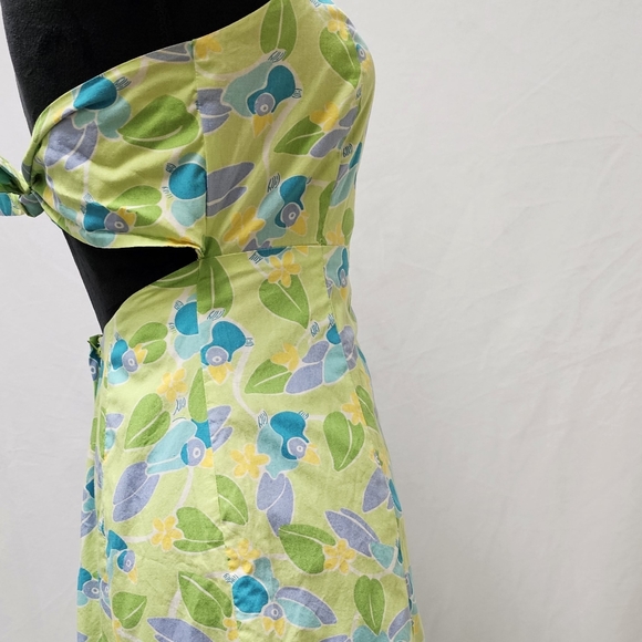 Lilly Pulitzer Strapless Dress 2 Green Toucan Floral Cotton Back Tie Below Knee - Picture 10 of 10